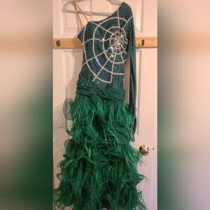 Designs By Randal Emerald Green One-Shoulder Ballroom Dress with Feather Details